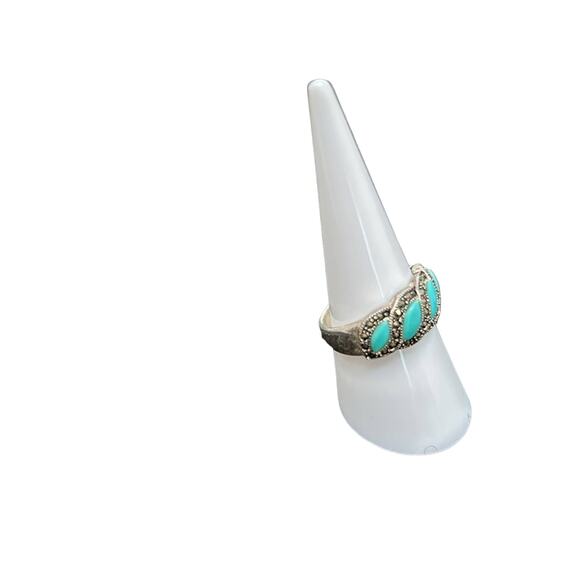 925 Sterling Silver Women's Turquoise Stone with Pave Accents Size 71/2 - Picture 2 of 8